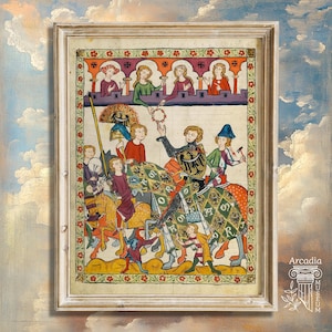 May include: A framed medieval manuscript illustration depicting a jousting tournament scene with knights on horseback, colorful heraldic banners, and spectators in a balcony. The artwork features intricate details, vibrant pigments, and gold leaf accents.