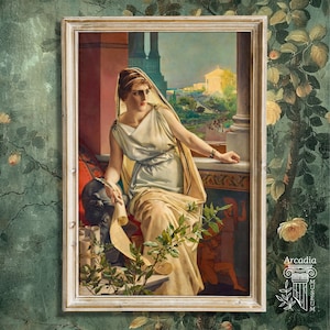 May include: A framed classical painting depicting a figure in a white draped garment holding a scroll, seated on a red cushion. The scene includes architectural columns, a distant temple, and a small figure in the foreground, all within a light wood frame.