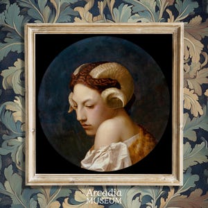 May include: A painting of a woman with ram horns, wearing a white dress and a fur stole. The woman has a soft, delicate expression and her eyes are closed. The background is a dark blue.