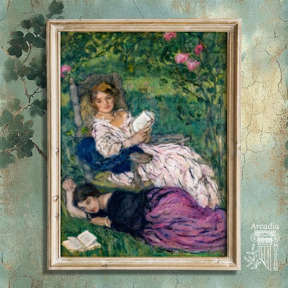 Women Reading in Nature Poster, Sapphic Art, Cottagecore Vintage Painting