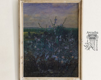 Paesaggio con fiori selvatici al tramonto, pittura vintage, stampa del giardino di fiori di campo, arredamento primaverile della fattoria, arte della parete del poster del prato Cottagecore