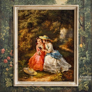May include: A framed oil painting depicting two individuals in period clothing sitting in a forest clearing. One wears a red dress and the other a white dress with a blue sash and straw hat. They are reading a book together. Text reads Arcadia Museum.