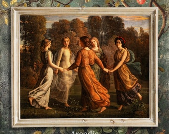 Donne che ballano nella pittura circolare, poster del rito della primavera, stampa della danza rituale, arte dell'amicizia tra ragazze