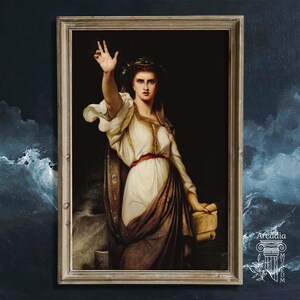 May include: A framed oil painting depicting a figure in a white and brown draped garment with a laurel wreath, raising one hand against a dark background. The figure holds a scroll in the other hand. The text Arcadia is visible in the bottom corner.