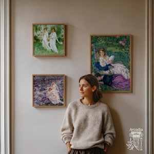 May include: Three framed art prints displayed on a wall. The top left print shows two figures in white dresses in a garden. The bottom left print depicts figures by a stream. The large right print shows a person reading in a garden setting.