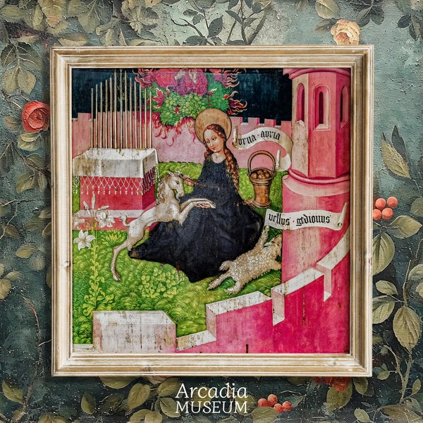 Madonna with Unicorn in Rose Garden, Christian Art, Large Poster, Bible Print, Vintage Painting, Catholic Artwork, Nursery Wall Art