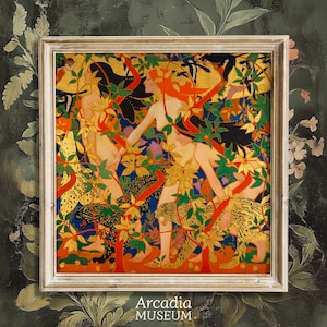 Diana und ihre Nymphen Poster, Göttin im Wald Druck, Jugendstil Wohnkultur, Die Jagd von Roberto Burns, quadratische Wandkunst