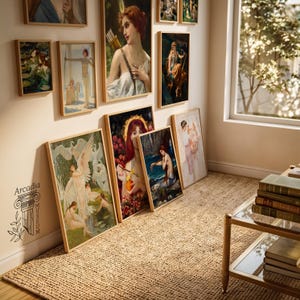 May include: A collection of framed art prints featuring classical paintings of figures and mythological scenes displayed on a wall and floor. The text Arcadia Museum is printed on the wall. A glass table with stacked books sits nearby.