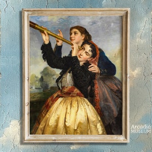 Impressão de arte lésbica, casal sáfico com telescópio, arte de parede Wlw, pôster de astronomia, arte retrô feminista