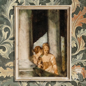 Poster di coppia lesbica in un tempio dell'antica Grecia, stampa saffica, dipinto vintage WLW, arte Queer Dark Academia, Saffo