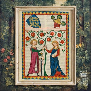 May include: A framed medieval-style manuscript illustration featuring two figures standing beneath a flowering tree. One figure wears a magenta tunic and holds a sword, while the other wears a blue dress and holds a small white animal. A shield and helmet are above.