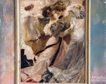 May include: A framed oil painting depicting two figures in formal attire dancing closely in a ballroom setting. One figure wears a light-colored gown with a dark sash, while the other wears a blue dress with gold detailing. The text Arcadia Museum appears.