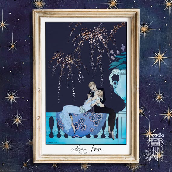Le Feu, Lesbian Georges Barbier Poster, Sapphic Kiss Print, Wlw Art Deco Vintage Art, Retro Queer Artwork, Masc Femme Lesbian Couple