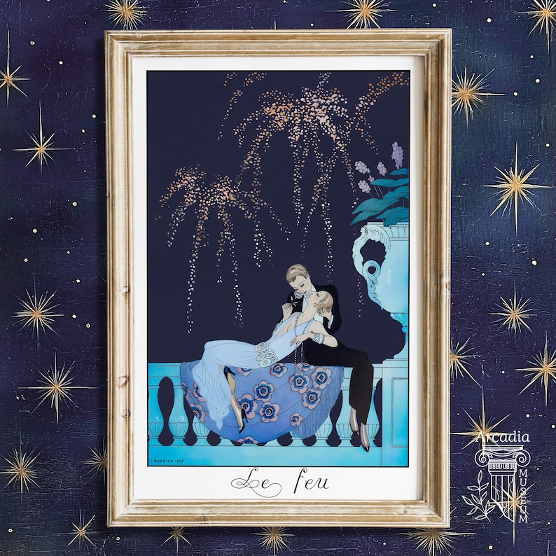 May include: A framed art print titled Le feu featuring a dark blue background with gold fireworks. A person in a light blue dress with floral patterns and a person in a black suit sit on a balcony railing next to a large light blue urn.