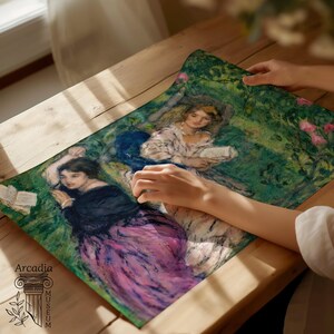 May include: A rectangular print featuring an impressionist-style painting of two figures in a garden setting. One figure wears a dark top and pink skirt, while the other wears a light patterned dress. The text Arcadia Museum is in the corner.