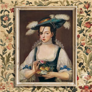 May include: A framed oil painting portrait of a person wearing a dark blue hat with white feathers, a black eye patch, a white lace collar, and a dark bodice. The person holds a small basket of colorful flowers. The frame is light wood.