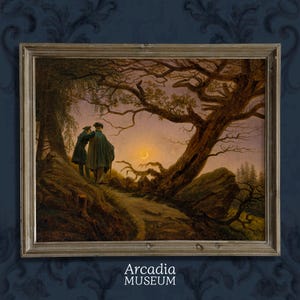 Caspar David Friedrich, Dos hombres contemplando la luna, póster gótico, pintura de Dark Academia, decoración de Halloween, romanticismo alemán