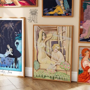 May include: A framed art print featuring two figures in a sunlit room, one stretching with arms raised and the other reading a newspaper. The scene includes a window, a garden fence, and small trees. The logo Arcadia Museum is printed above the print.