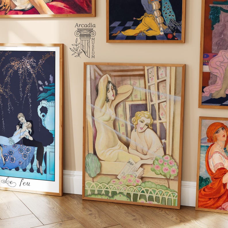 May include: A framed art print featuring two figures in a sunlit room, one stretching with arms raised and the other reading a newspaper. The scene includes a window, a garden fence, and small trees. The logo Arcadia Museum is printed above the print.