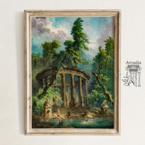 The Bathing Pool, Hubert Robert Giclée Print, Ancient Greek Temple Ruins Poster, Arcadian Landscape, Vintage Painting