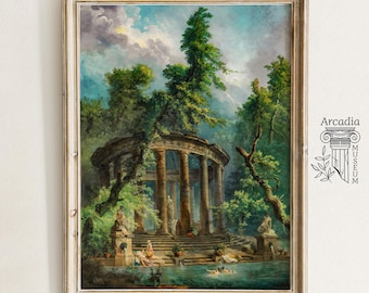 The Bathing Pool, Hubert Robert Giclée Print, Ancient Greek Temple Ruins Poster, Arcadian Landscape, Vintage Painting