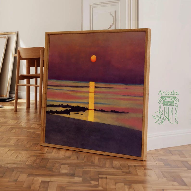 May include: A painting of a sunset over the ocean with a large orange sun in the sky. The water is a deep blue with streaks of pink and orange. The painting is framed in a wooden frame.