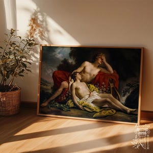 May include: A framed rectangular art print featuring a classical oil painting of two figures resting in a landscape. One figure reclines with a hand to their forehead, while the other lies below draped in white and yellow fabric against red cloth.