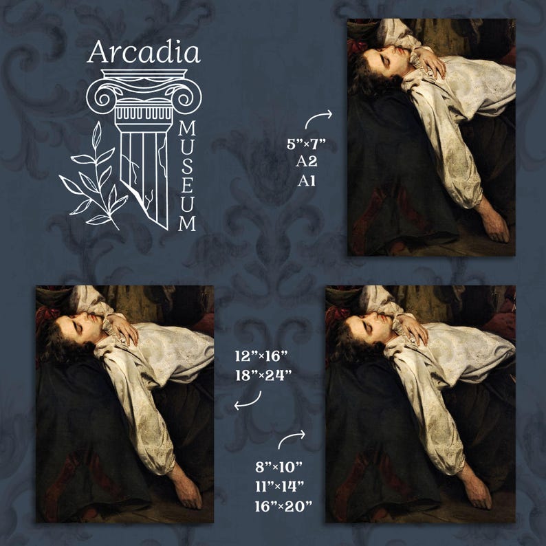 Może przedstawiać: Cyfrowy wyświetlacz z logo Arcadia Museum, ikoną białej kolumny i tekstem. Przedstawia obraz osoby w białej koszuli leżącej na boku, z dostępnymi rozmiarami wydruk&oacute;w: 5"x7", A2, A1, 12"x16", 18"x24", 8"x10", 11"x14" oraz 16"x20".