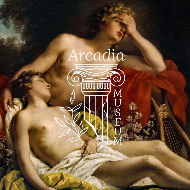 May include: A classical oil painting depicting two figures resting on draped red and yellow fabric, with one figure reclining and the other leaning back with a hand to the forehead. A white line art logo of a column and the text Arcadia Museum is overlaid.