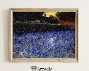 Juli door J. Van Looy, blauwe weide print, zomer landschap vintage schilderij, blauwe bloemen bloeiende weide kunst aan de muur, boerderij landschap print