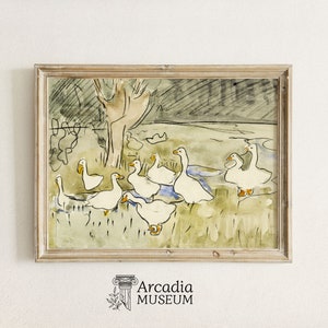 Geese Wall Art, Ducks Vintage Illustration, Farmhouse Goose Art Print, Cute Cottage Garden Pet Animals, Spring Cottagecore Landscape Poster