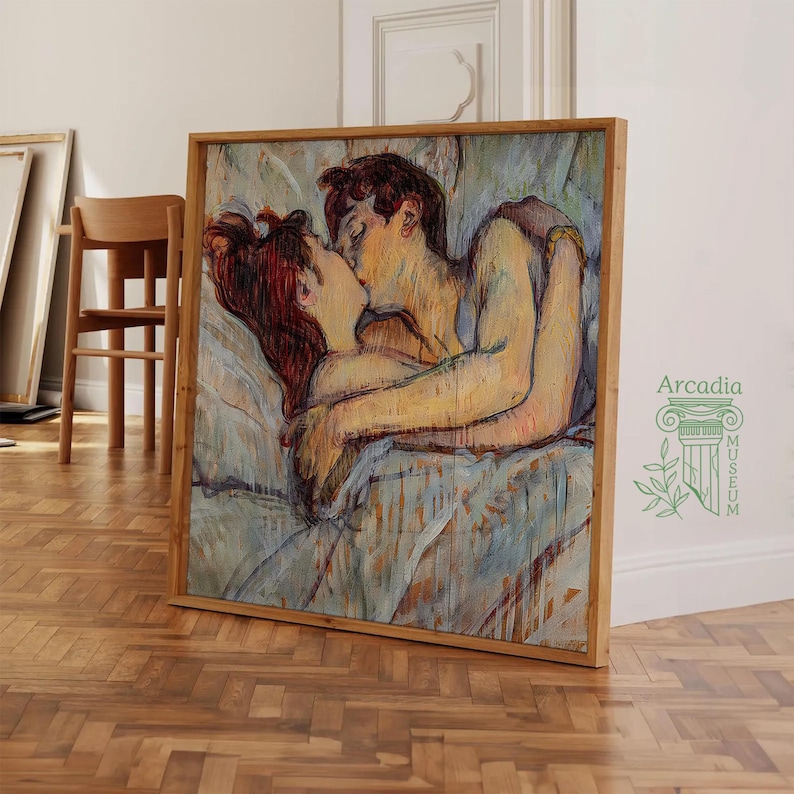 May include: A square framed art print featuring a painting of two figures embracing in bed, rendered in expressive brushstrokes of warm orange, brown, and muted blue tones. The artwork is set within a light wood frame, with the text Arcadia Museum visible.