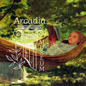 May include: A painting of a person lying in a hammock reading a book, surrounded by green foliage. Overlaid is a white line drawing of a classical column and a leafy branch, with the text Arcadia Museum written in white lettering.