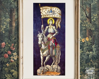Joan Of Arc Poster, Feminist Giclée Print, Equestrian Vintage Portrait, Female Saint Knight On Horse