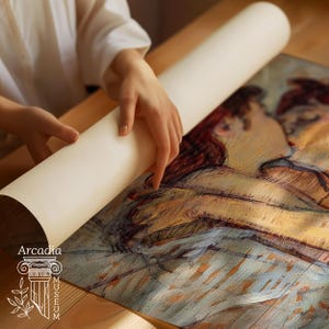May include: A rolled art print featuring a textured, impressionistic painting of two figures in warm tones of brown, gold, and blue. The print is partially unrolled, revealing a detailed brushstroke style. The Arcadia Museum logo is visible.
