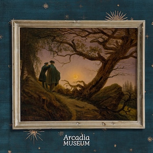 Zwei Männer, die den Mond betrachten, Caspar David Friedrich Druck, Dark Academia Malerei, Giclée Plakat