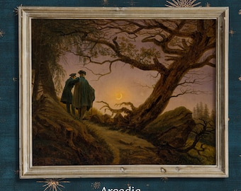 Two Men Contemplating The Moon, Caspar David Friedrich Print, Dark Academia Painting, Giclée Poster