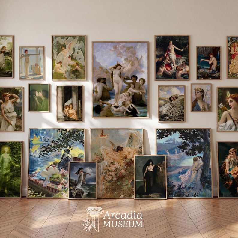 May include: A gallery wall arrangement featuring numerous framed classical art prints depicting mythological scenes, figures in nature, and ethereal landscapes, all displayed in matching light wood frames against a plain wall.