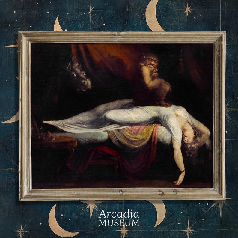 May include: A framed oil painting depicting a person in a white gown lying on a bed with a dark, shadowy creature sitting on their chest, while a horse head emerges from the darkness. The text Arcadia MUSEUM is printed at the bottom.