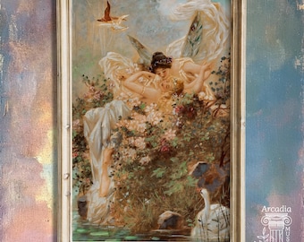 Lesbian Poster, Sapphic Art Print, Lesbian Kissing Wall Art, Girls Naked Love Wlw Artwork Decor Subtle, Two Fairies Embracing by Hans Zatzka