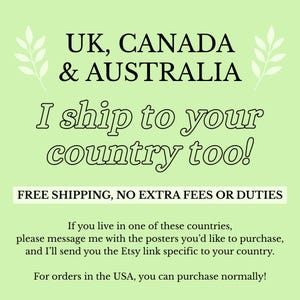 Puede incluir: Un gr&aacute;fico informativo de color verde claro con texto en negro que dice UK, CANADA & AUSTRALIA, I ship to your country too!, FREE SHIPPING, NO EXTRA FEES OR DUTIES, e instrucciones para que clientes internacionales soliciten enlaces.