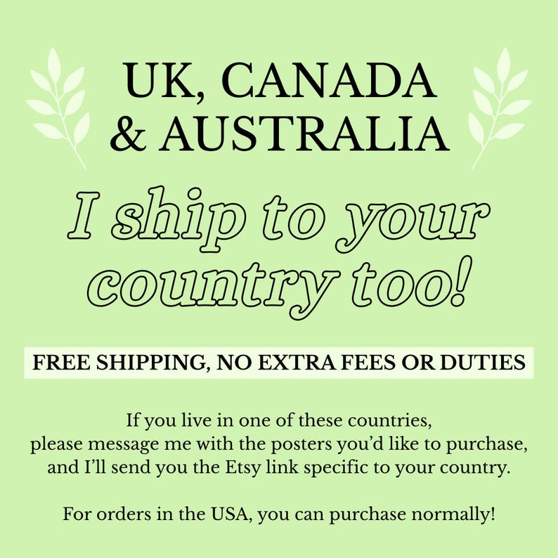 Puede incluir: Un gr&aacute;fico informativo de color verde claro con texto en negro que dice UK, CANADA & AUSTRALIA, I ship to your country too!, FREE SHIPPING, NO EXTRA FEES OR DUTIES, e instrucciones para que clientes internacionales soliciten enlaces.