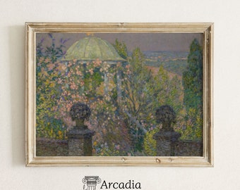 Lentelandschap met tempel, zomerlandschap schilderij, wilde bloemenboerderij print, gedempte zachte groene landweide, impressionistische kunst aan de muur