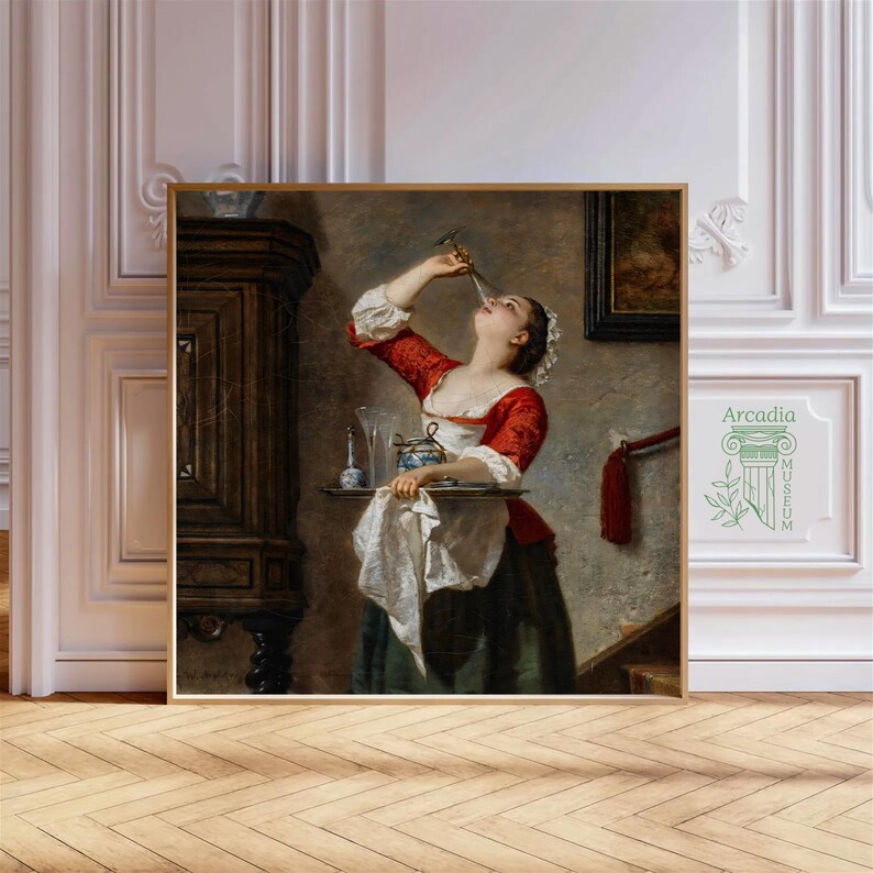Puede incluir: Una pintura al &oacute;leo que muestra a una figura con corpi&ntilde;o rojo y delantal blanco sosteniendo una bandeja de plata con cristaler&iacute;a. La figura inclina la cabeza hacia atr&aacute;s para beber de un vaso alto y delgado. Un armario de madera oscura a la izquierda.