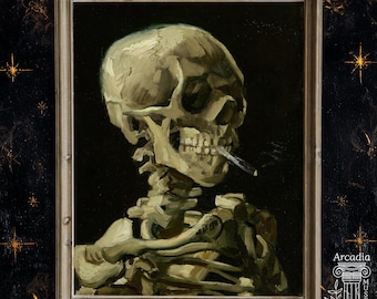 May include: A framed oil painting depicting a human skull and upper torso against a dark background. The skeleton is shown in profile, facing right, with a lit cigarette held between its teeth. The artwork is enclosed in a simple wooden frame.