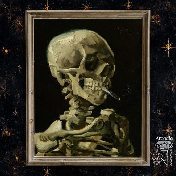 skull with burning cigarette print Van Gogh Skull With Burning Cigarette Print, Vintage Art Poster