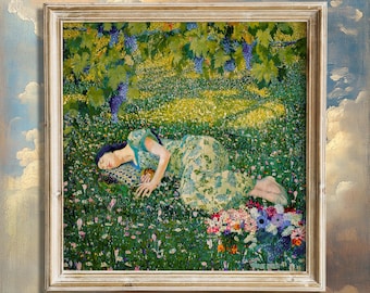 May include: A framed painting depicting a person lying in a field of green grass and colourful flowers under a grape vine. The person wears a patterned green dress and rests on a patterned pillow. The text Arcadia MUSEUM appears at the bottom.