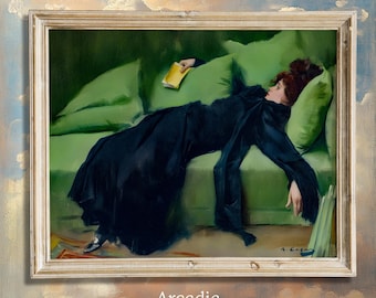 May include: A framed oil painting depicting a figure in a long black dress reclining on a bright green sofa. The figure holds a small yellow book while resting against green pillows. The signature R. Casas is visible in the lower right corner.