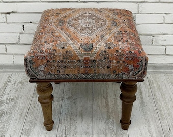 Animal Print Orange Ottoman Bench 18x18&quot;, Small Entryway bench, Rug Upholstered Ottoman, Decorative Farmhouse Bench, Footstool Pouf Ottoman