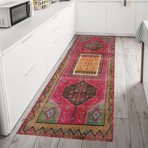 Boho Turkish Runner Rug 2x8, Pink Persian Rug, Kitchen Runner Rug 2x8, Hallway Entry Rug, Washable Oushak Rug, Farmhouse Runner rug 2x10